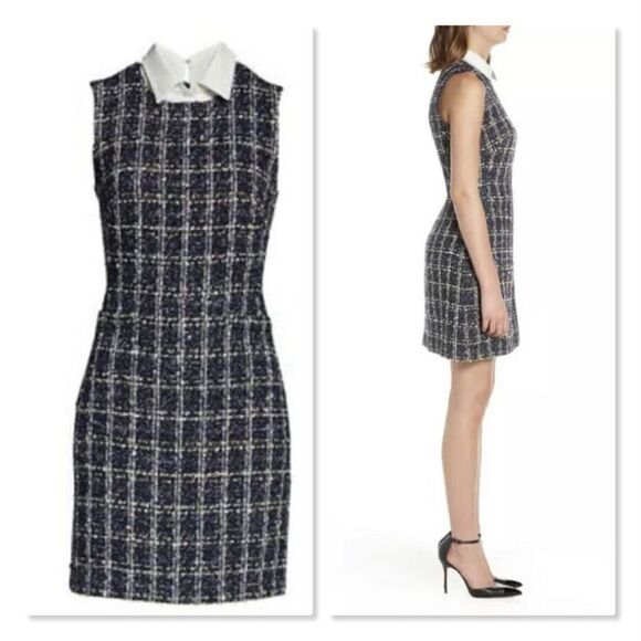🔆 ELIZA J 🔆 Boucle Tweed Detachable Shirt Collar Dress - [size 2, Blue] - Picture 2 of 12